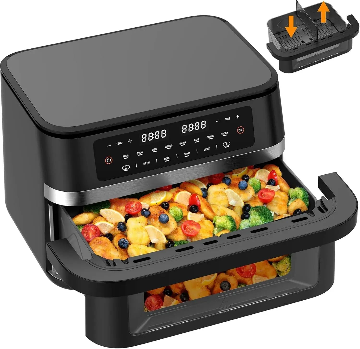 Friteuse à Air 11L XXL 2950W, Double Zone avec Séparateur, Sans Huile et Fenêtre, 8 Programmes