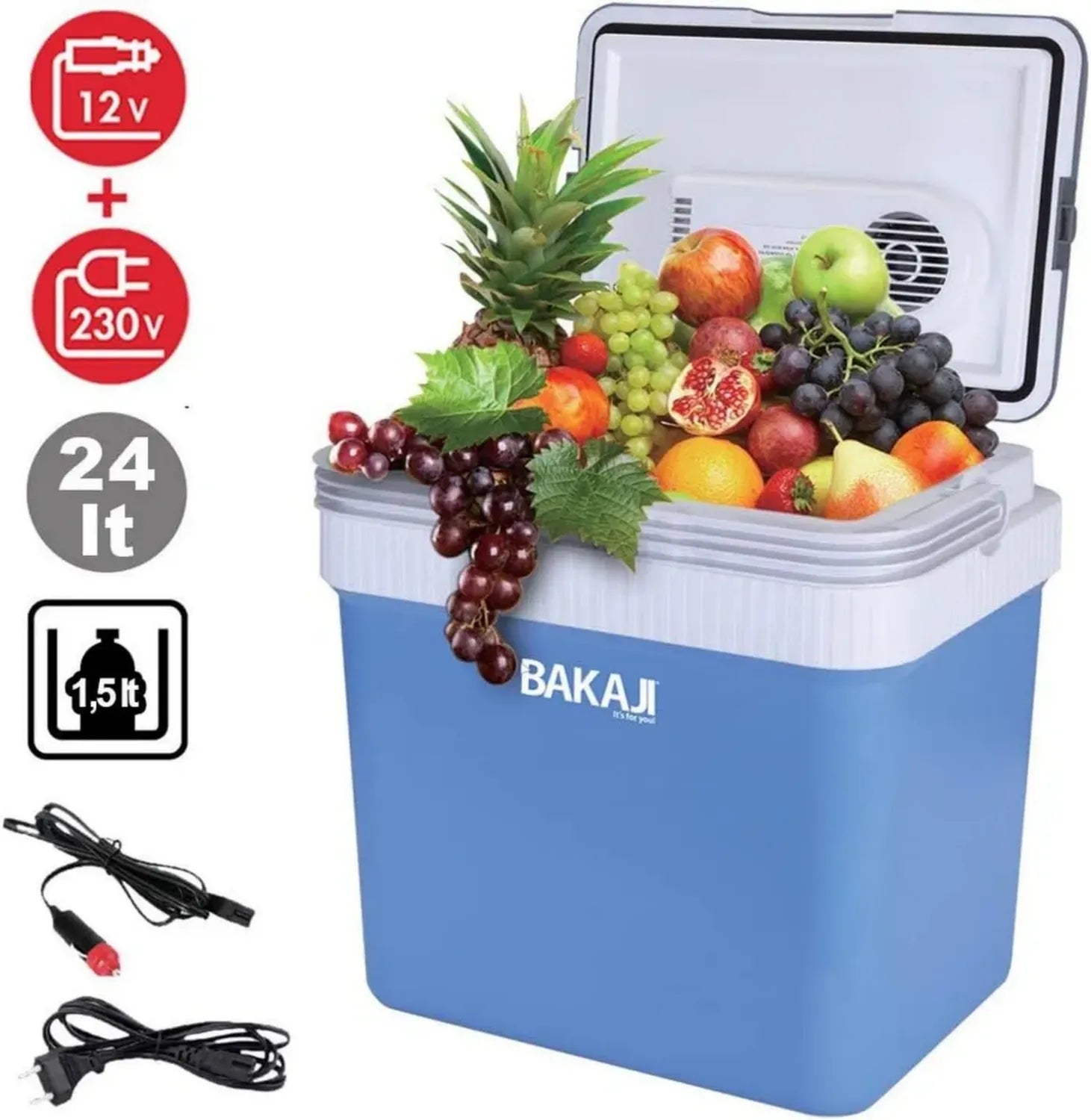 Bakaji Glacière Thermoélectrique 24L 12/220V pour Maison, Voiture, Camping et Bateau - Chaud/Froid - Compacte 41x30x45 cm