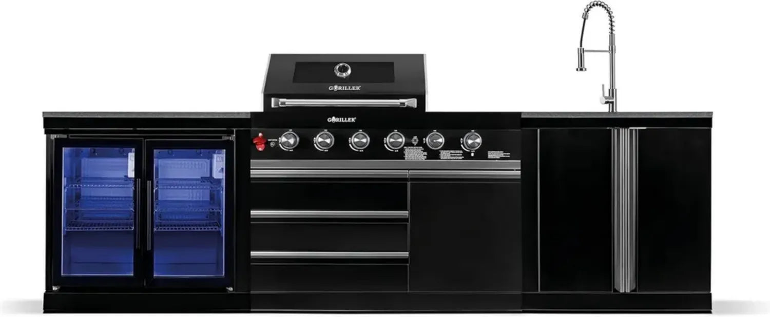 GORILLER® BG296 Cuisine Extérieure Inox avec Frigo, Évier, Plan de Travail, Rôtissoire et Housse de Protection