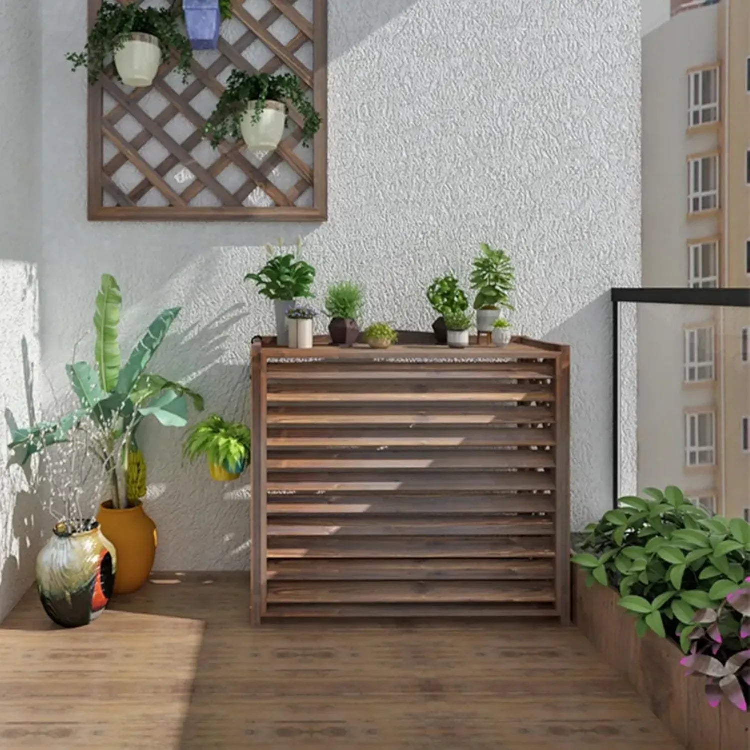 Écran de Climatiseur Extérieur en Bois avec Porte-Fleurs, Installation Facile, Résistant aux Intempéries, 86 x 35 x 80 cm