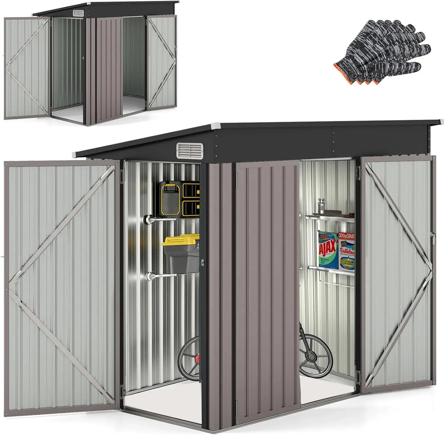 RELAX4LIFE Abri de Jardin Métallique 5m³ avec Portes Verrouillables et Fenêtres, Cabane à Outils Résistante aux Intempéries pour Équipement Extérieur