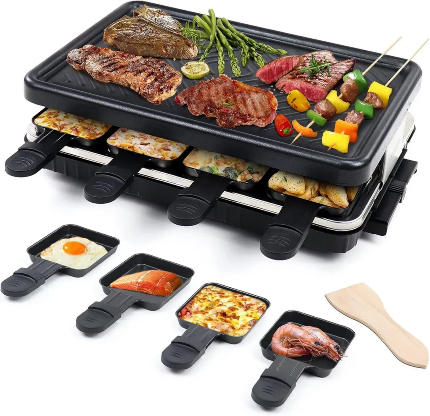 Gril Électrique à Raclette pour 8 Personnes avec 8 Poêlons et Spatules en Bois, 1300W
