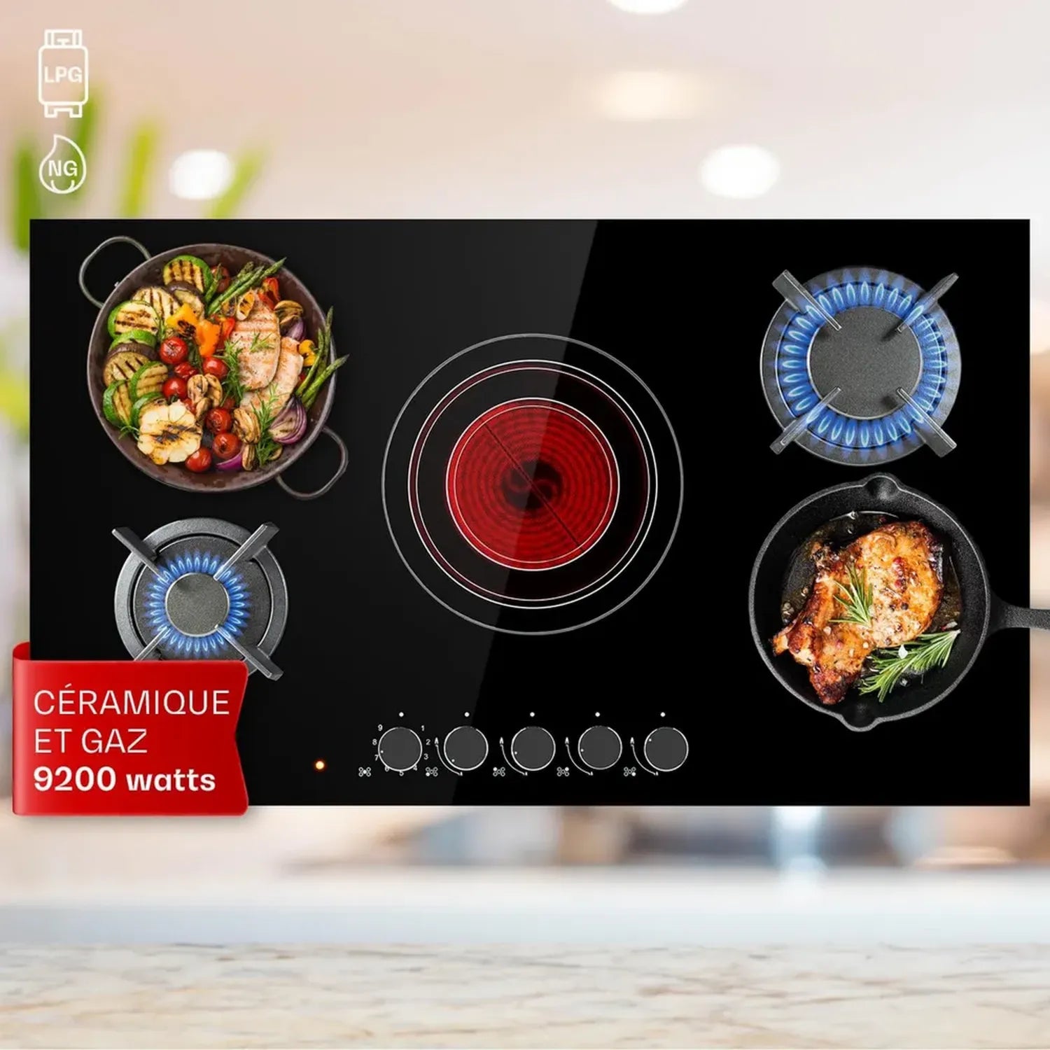 Klarstein Table de Cuisson Mixte 5 Feux Gaz et Vitrocéramique, 9.2 kW, Inox