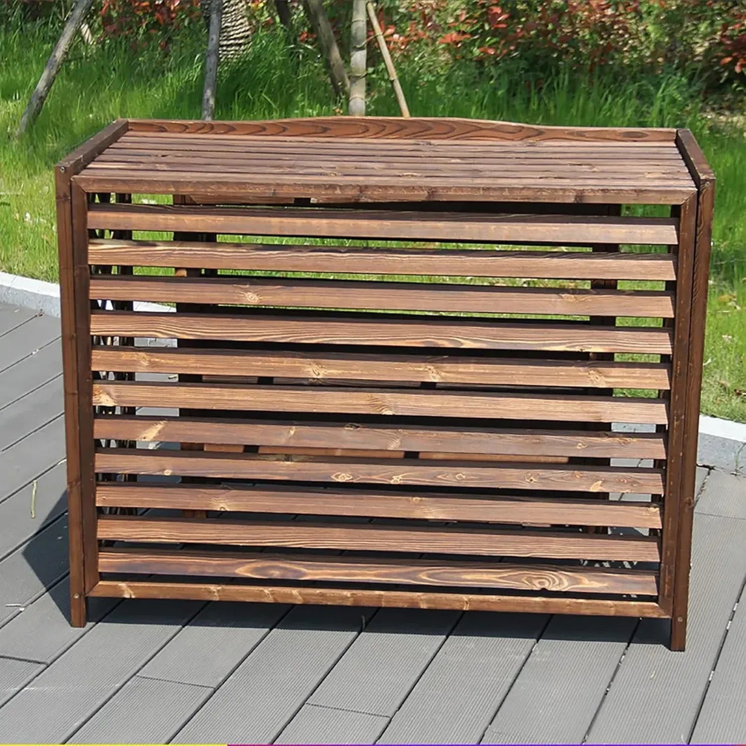 Coffrage en Bois pour Climatiseur Extérieur avec Support à Fleurs - Grille de Protection Élégante