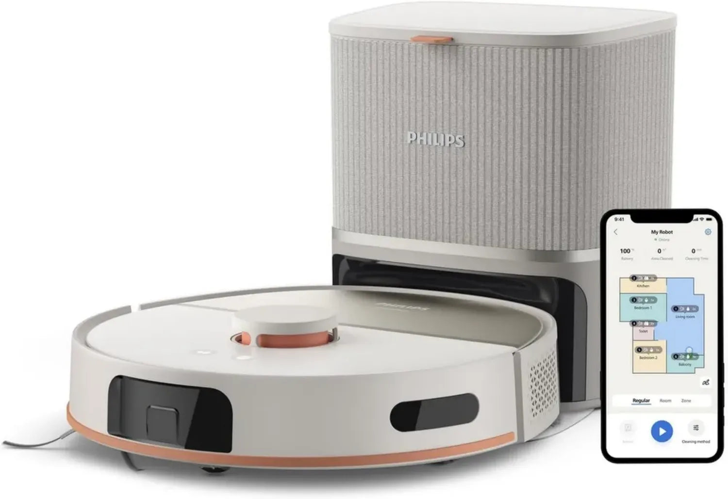 Aspirateur Robot Philips 5000 avec Serpillières Rotatives et Vidange Automatique, 10 000 Pa, Navigation Laser, Beige
