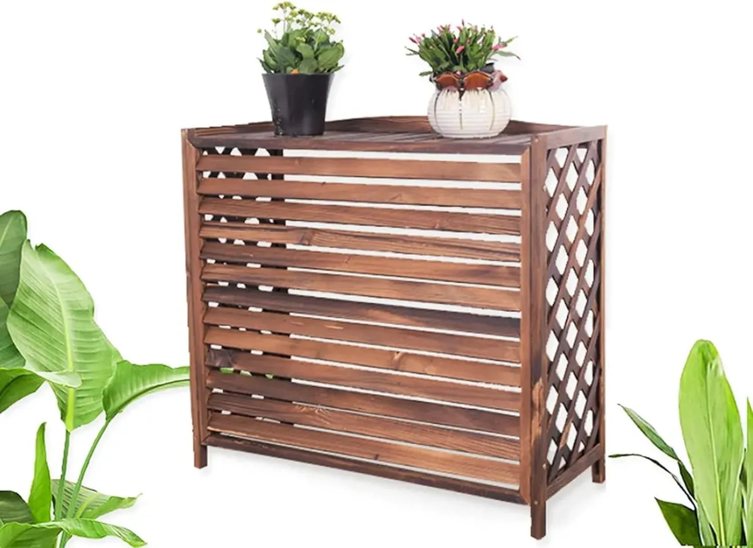 Ensemble Décoratif en Bois : Cache Clim Extérieur avec Étagère à Fleurs - Imperméable et Résistant (80x32x70 cm)