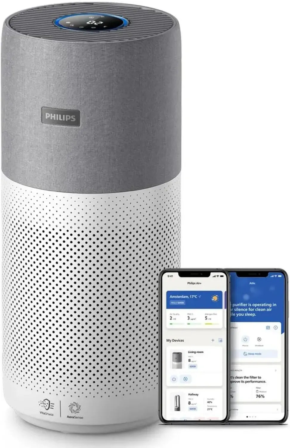 Purificateur d'air Philips 4000i Series, Surface jusqu'à 158 m², CADR 610 m³/h, Filtration HEPA et charbon actif, Compatible avec Philips Air+, Blanc