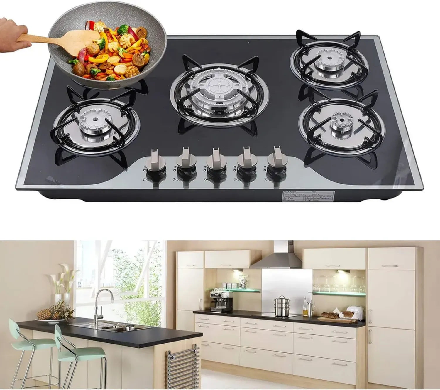 Table de cuisson à gaz encastrable 5 feux, acier inoxydable, verre trempé, 30,3 pouces, compatible LPG/NG, noir