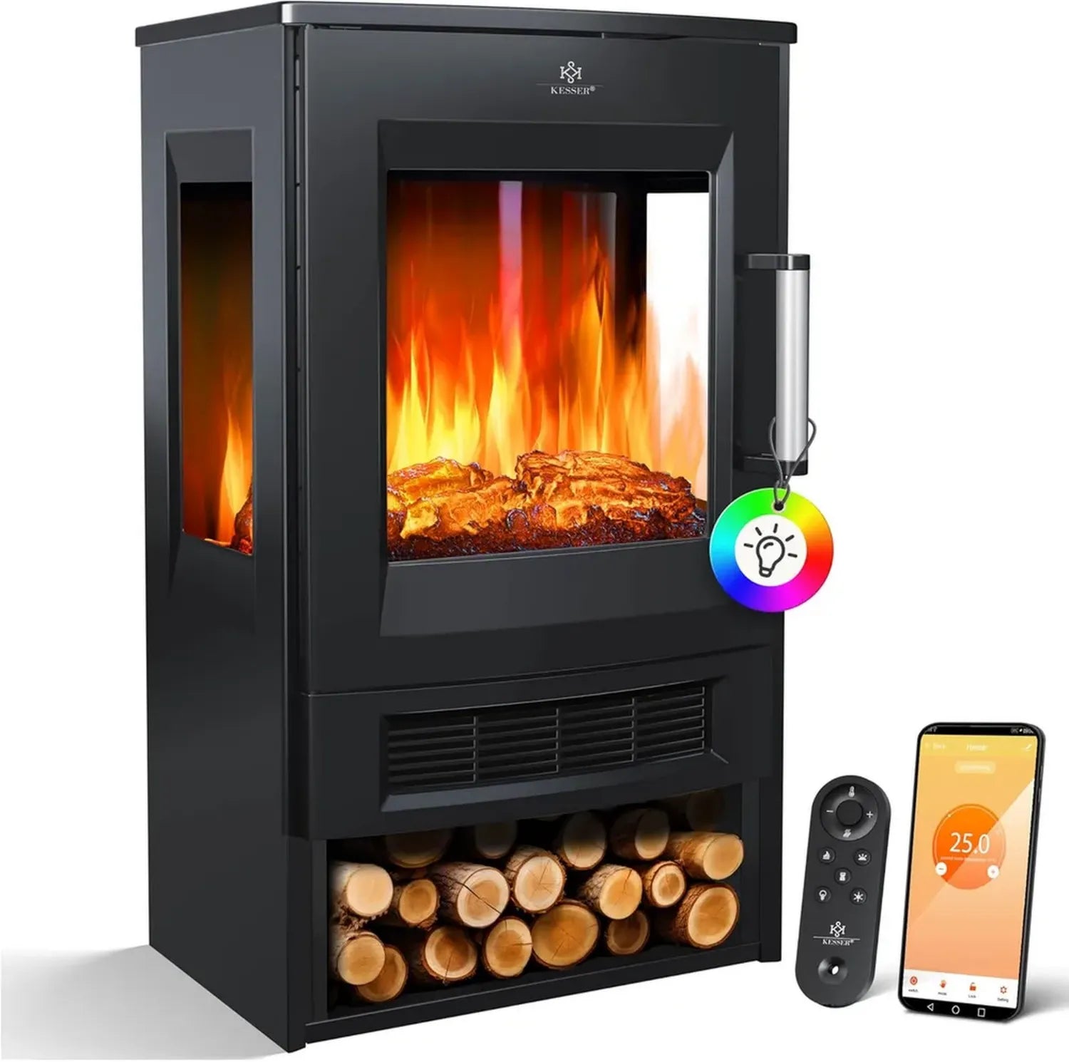 Cheminée Électrique KESSER avec Effet de Flamme LED, 9 Modes, Télécommande et WiFi, 900/1800W, Noir