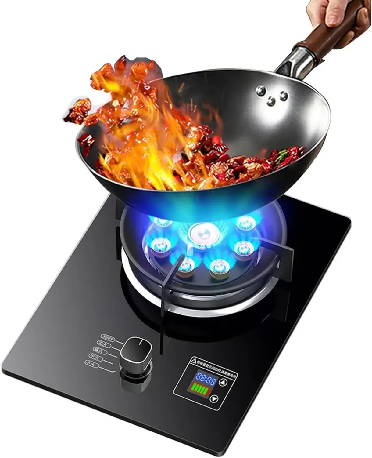 Cuisinière à Gaz Autonome 5,2 KW, 9 Zones, Minuterie 99 Min, Support en Fonte, Verre Trempé Noir, Sécurité Anti-Flamme