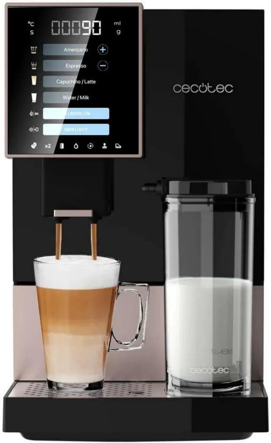 Cecotec Cafetière Automatique Compactccino Noire et Rose, 19 Bars, Réservoir de Lait, Technologie Thermoblock, 5 Niveaux de Mouture, Capacité Café 150g