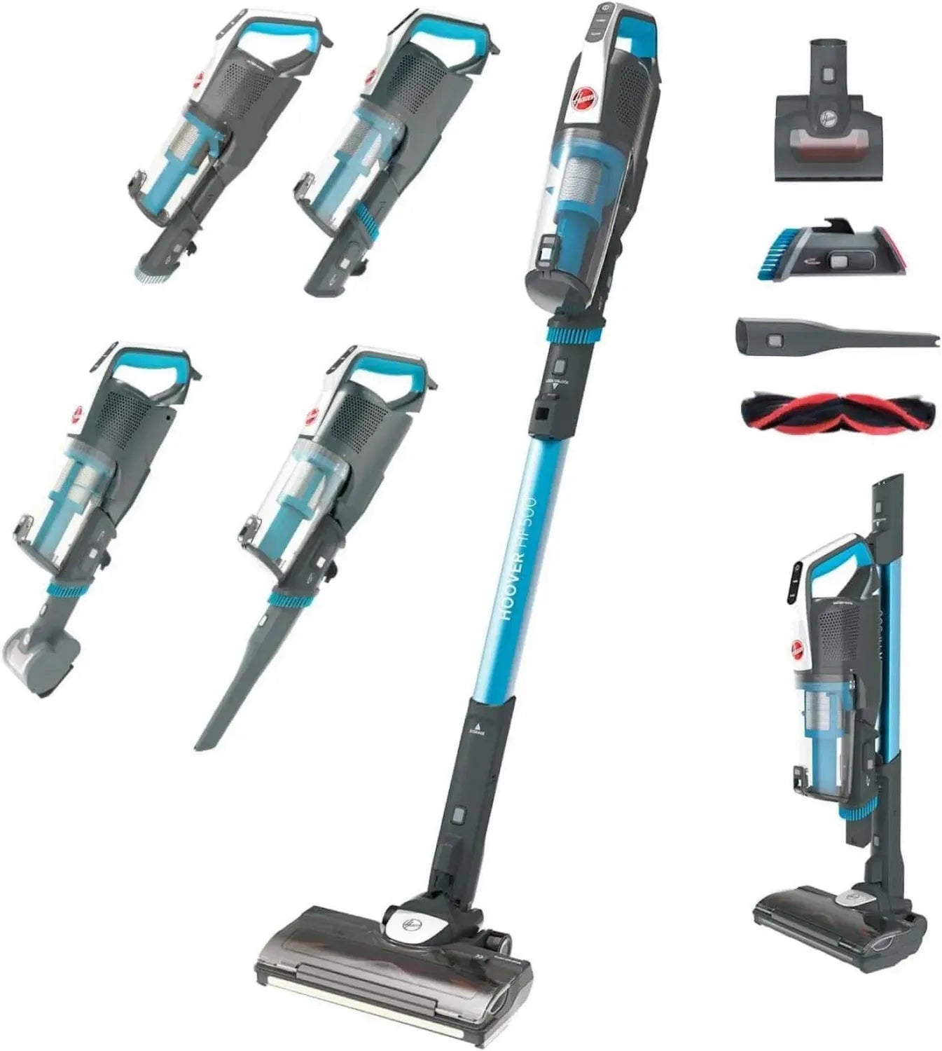 Aspirateur Balai Hoover HF522STP Sans Fil, Puissance Élevée, Autonomie Longue, Compact, Brosse Lumineuse Anti-Nœuds, Brosse Animaux, Recharge Rapide, Park&Go, Bleu Ciel