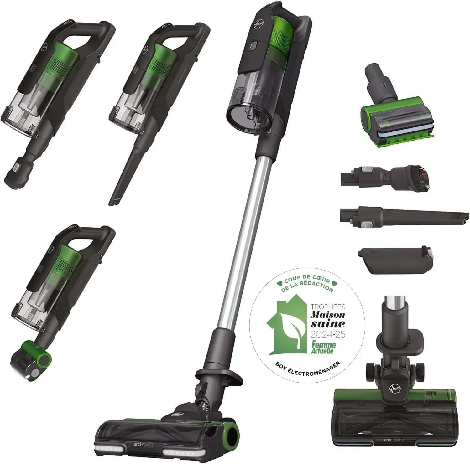 Aspirateur Balai sans Fil Hoover HF920P Turbo 130AW, 2 Batteries, Autonomie 60 min, Écran LED, Brosse Anti-Twist, Accessoire Animaux, Vert