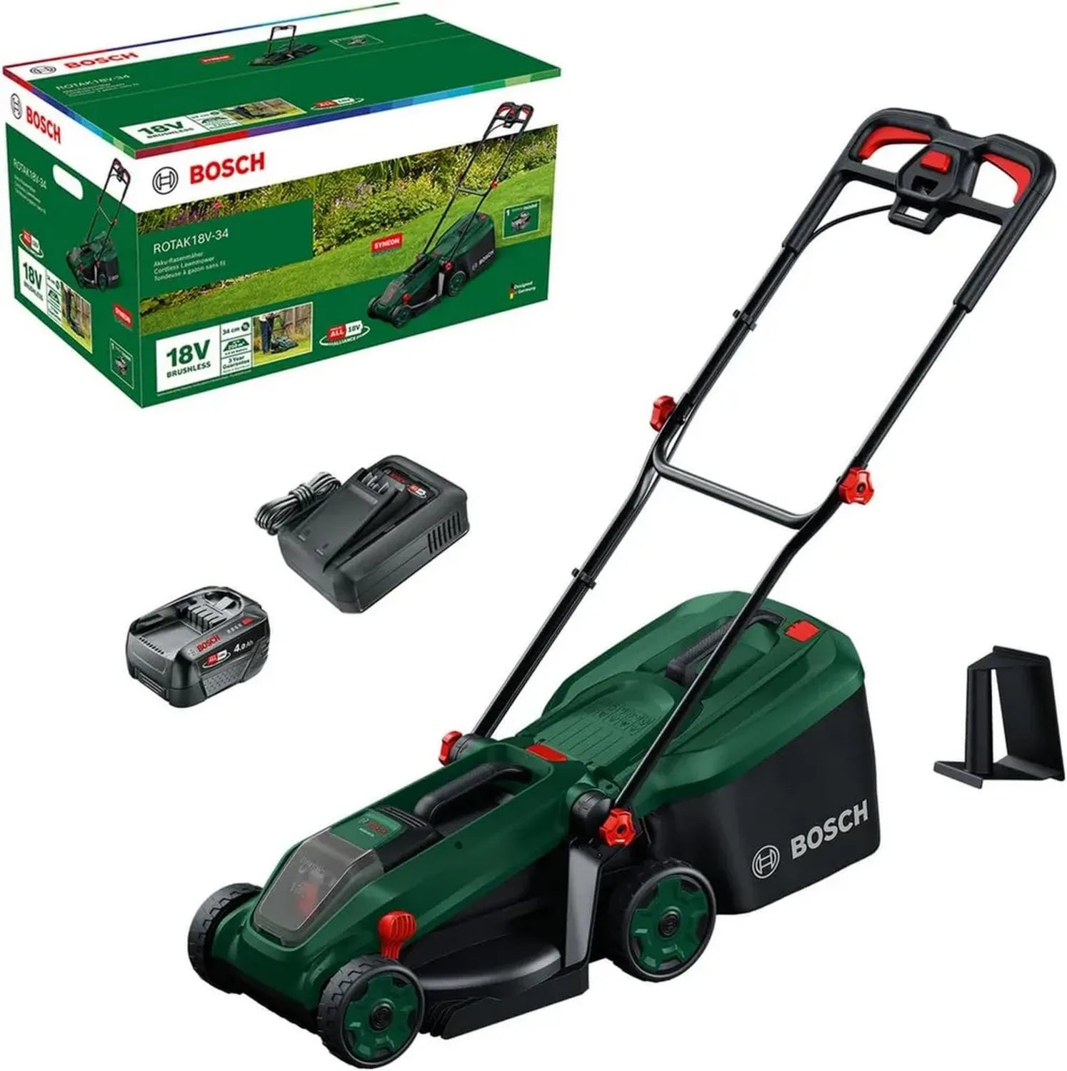 Bosch Tondeuse à Gazon sans Fil 18V ROTAK34 - Coupe 34 cm, Hauteur 25-65 mm, Sac 35L, Mulching, Batterie Incluse