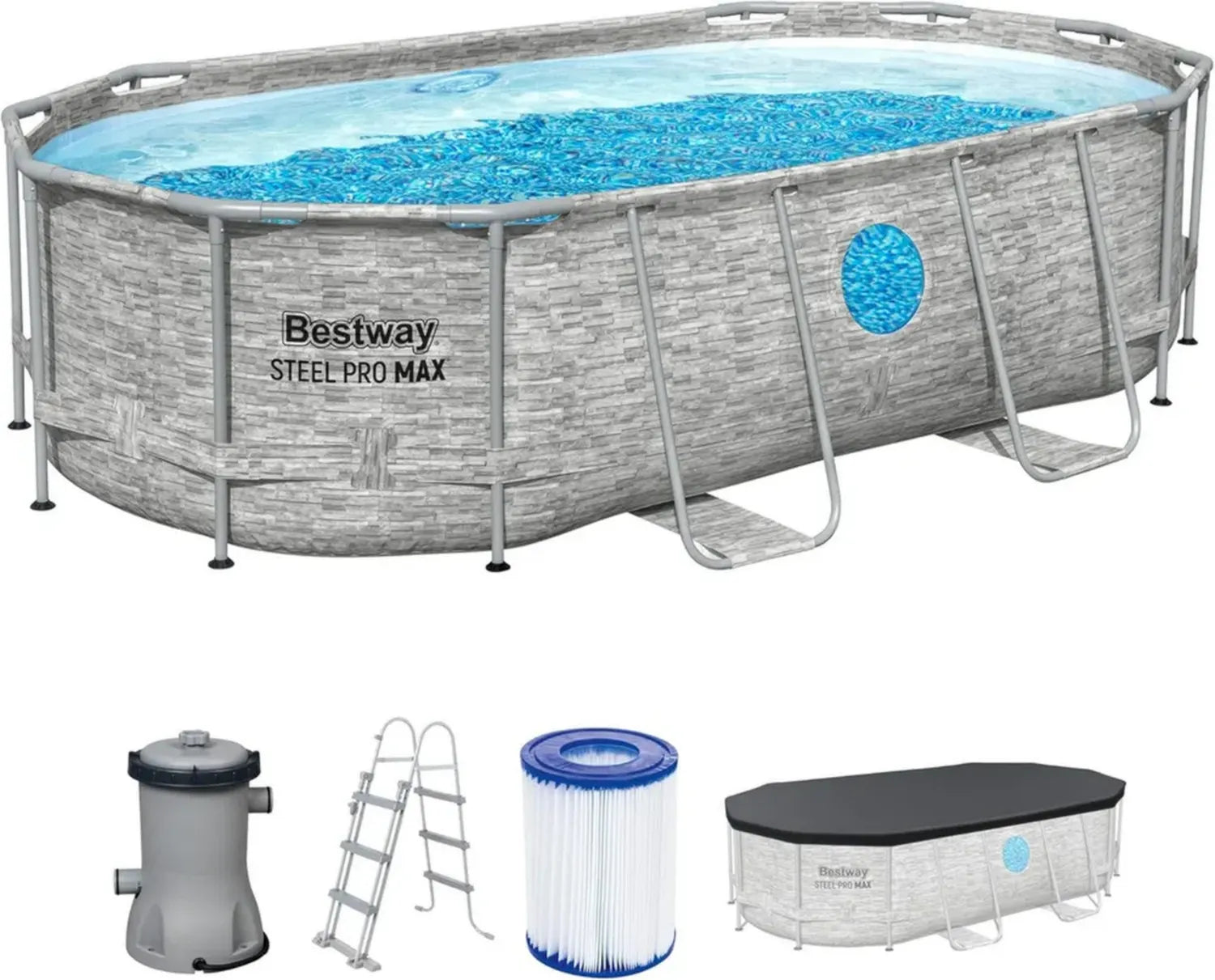 Piscine Ovale Bestway Power Steel Vista, Kit Complet avec Pompe de Filtration, Mur Imitation Pierre, 427 x 250 x 100 cm