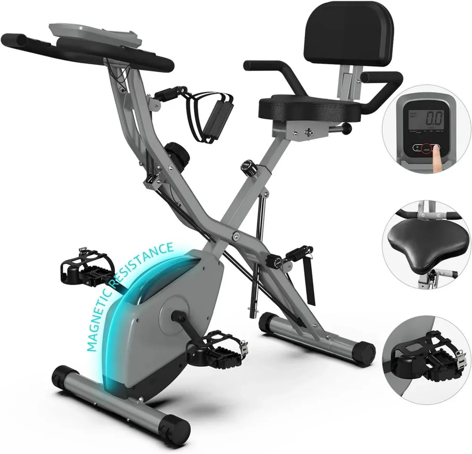 Vélo d'exercice pliable 5 en 1 pour seniors, résistance magnétique silencieuse, volant 3 kg, 16 niveaux, 150 kg