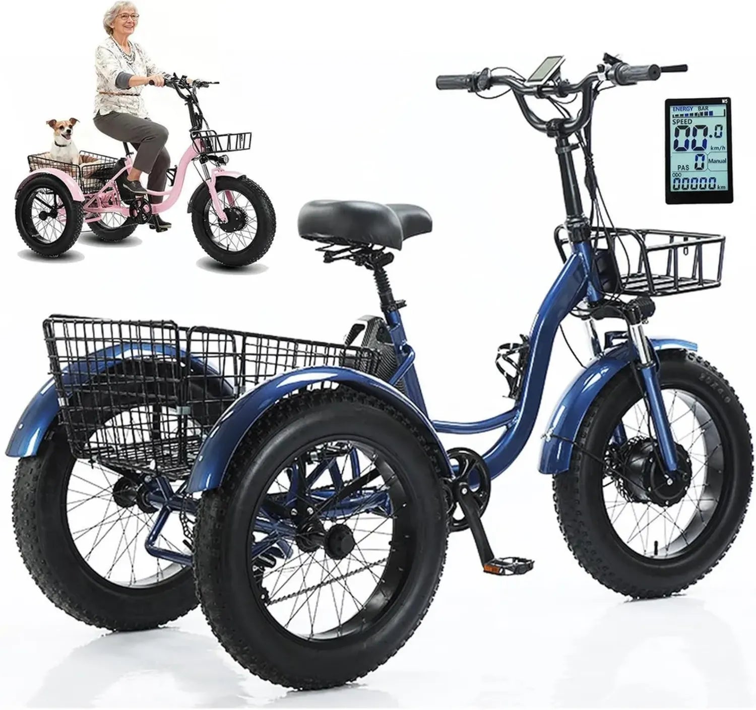 Tricycle Électrique 20'' Fatbike, Batterie 48V 13Ah, Écran LCD, Klaxon, Phare, Panier, Selle Ajustable, Charge 150kg, Autonomie 40 km, Bleu