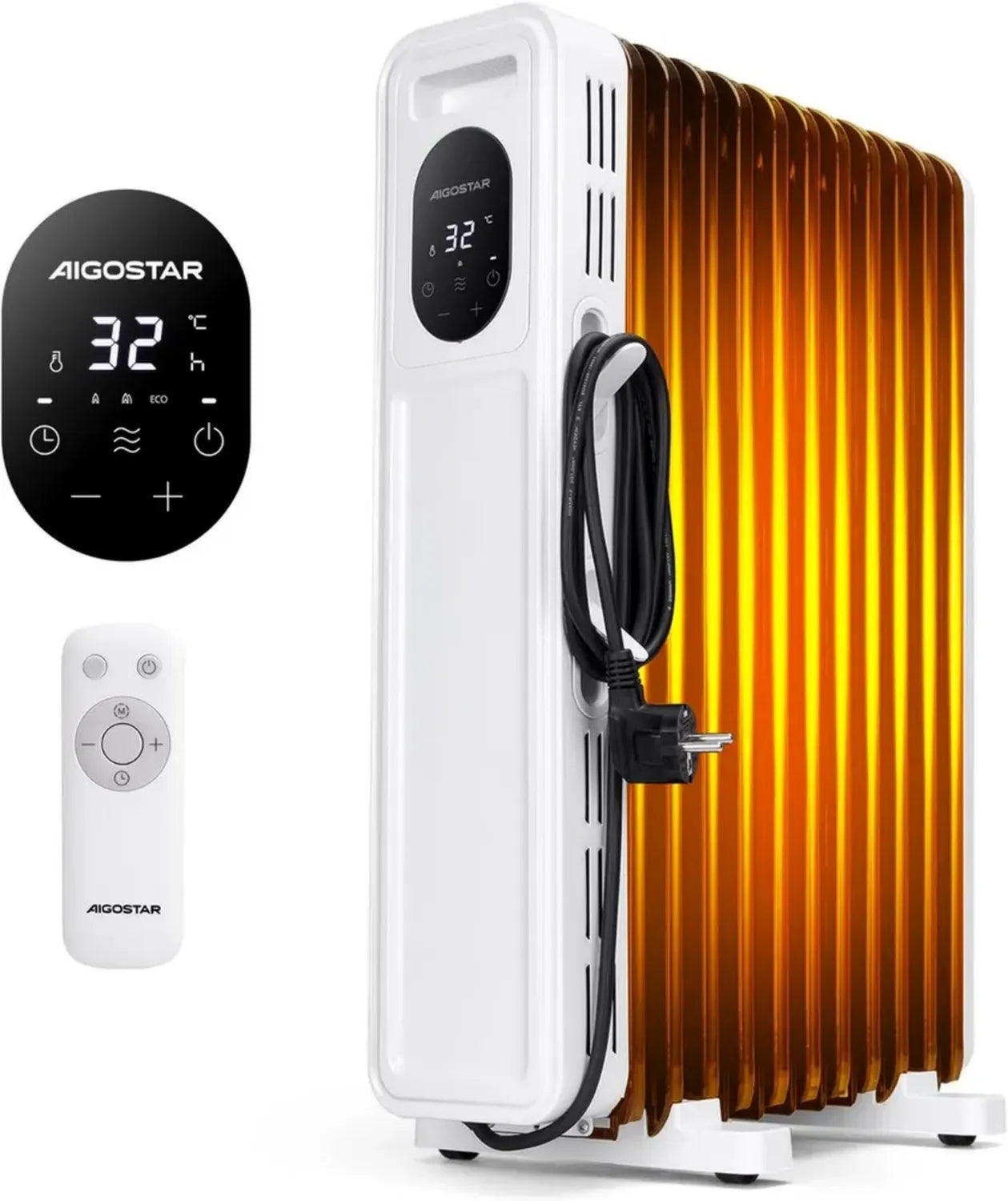 Chauffage à huile 2300W, 11 éléments, avec télécommande et thermostat, 3 modes, minuterie 24h, sécurité intégrée, fonctionnement silencieux