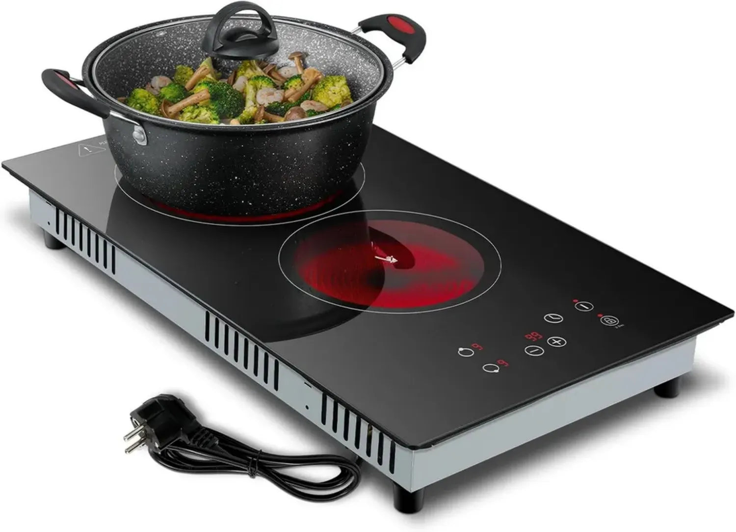 Plaque vitrocéramique 2 zones 30cm, commande tactile, 3000W, 9 niveaux, minuterie 1-99 min, compatible toutes casseroles