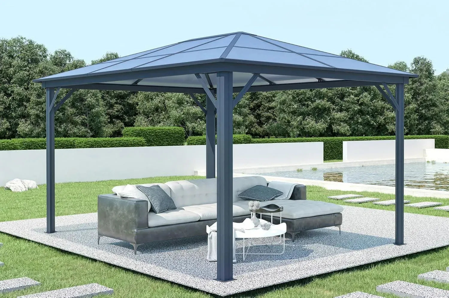 Pavillon de Jardin Aluminium Grace, 4x3m, Gris Anthracite, Toit en Polycarbonate, Résistant à l'eau