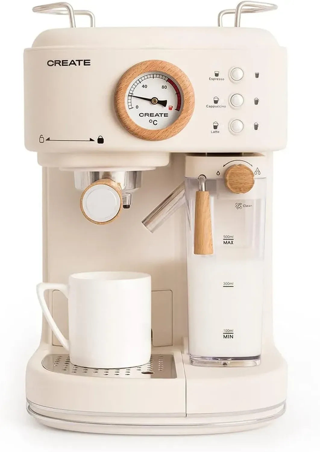 Machine à Espresso Semi-Automatique Blanc Cassé - 20 Bar, Bac à Lait, Égouttoir, Double Bec Verseur, 1,5L, 1250W