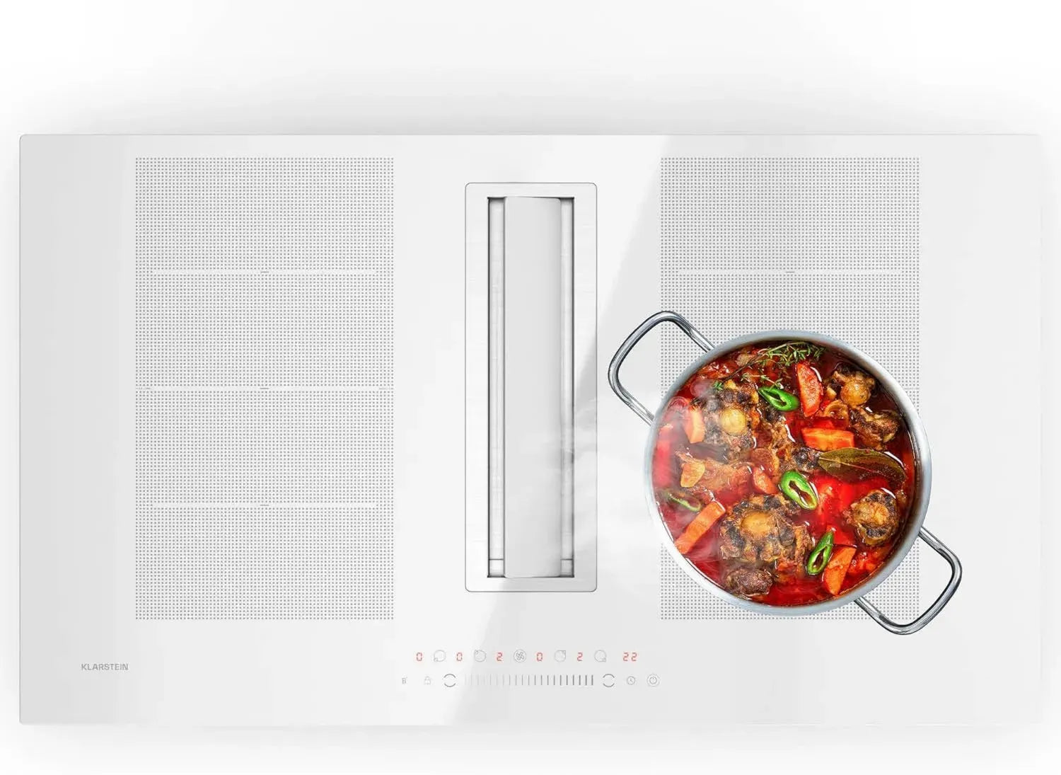 Table à induction Klarstein Chef-Fusion avec hotte intégrée - 7200W, Flex-Zone, 610 m³/h, classe A, contrôle tactile, design en verre, compact, acier inoxydable