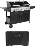 Barbecue Combiné Gaz et Charbon 2 en 1 avec 3 Brûleurs et Feu Latéral, Grille et Fumoir, Tablettes et Housse Incluses