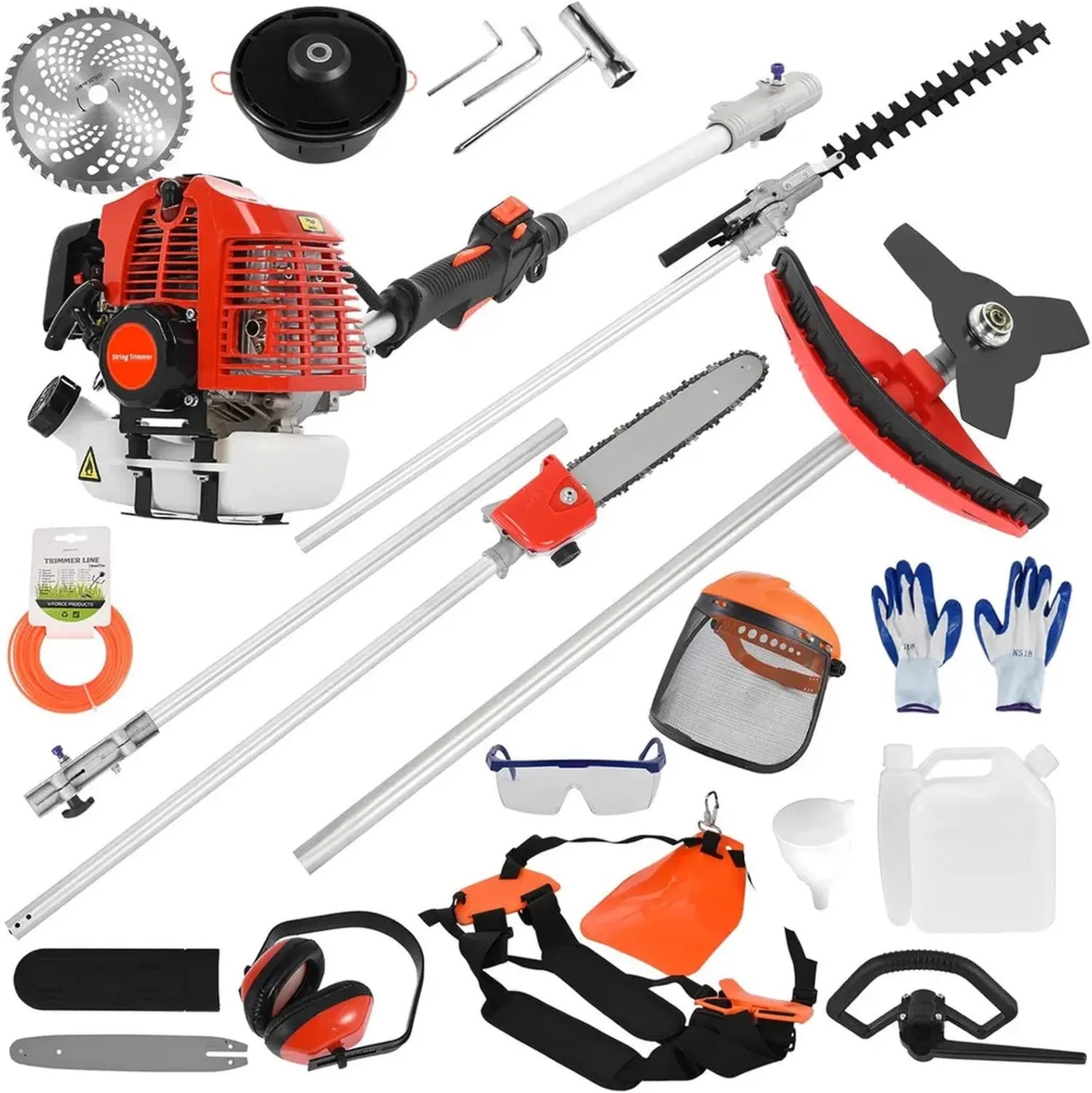 Kit d'Outils de Jardin 5-en-1 à Essence 52CC, Débroussailleuse, Taille-haie Télescopique, Élagueuse et Coupe-Bordure, Moteur 2 Temps Puissant avec Extension 134cm