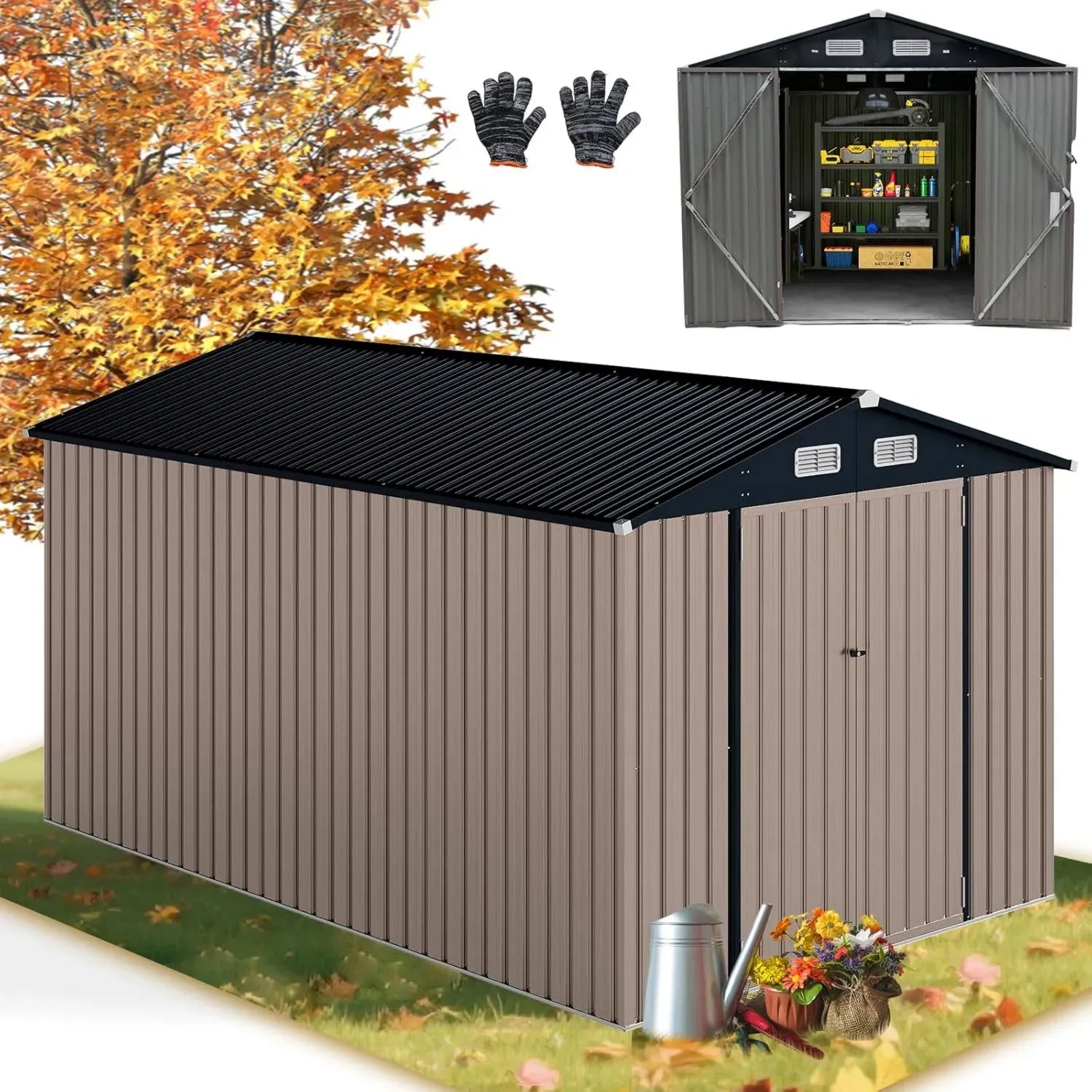 Abri de Jardin Métallique 350x223x197cm, Cabane de Rangement 15m³ avec Portes Doubles, Toit Incliné et Fenêtres de Ventilation - Idéal pour Outils et Équipements Extérieurs